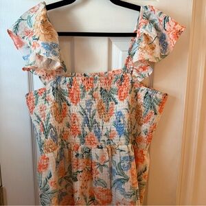 LOFT Orange Smocked Flutter Sleeve Blouse